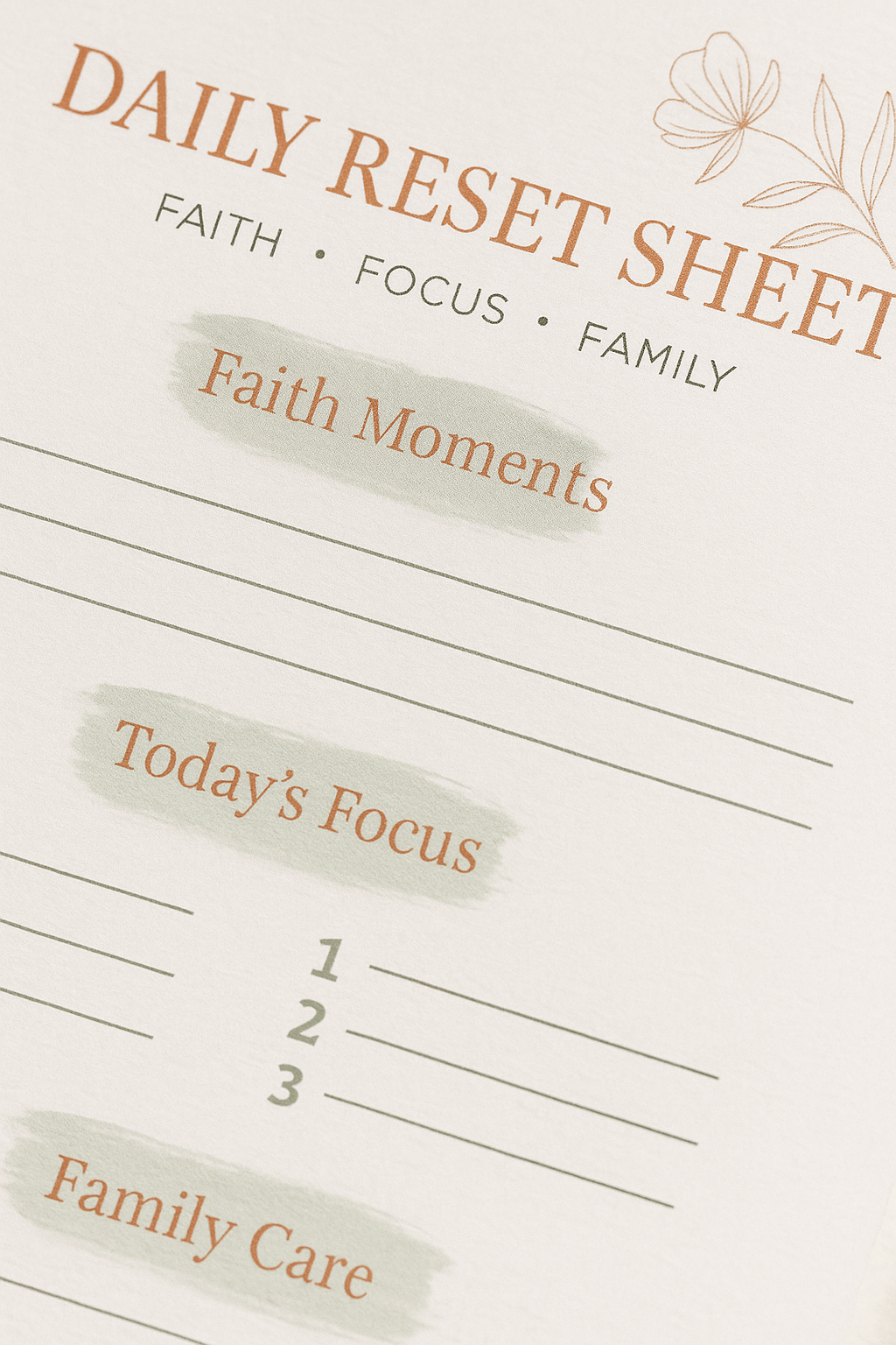 Daily Reset Sheet ☀️ | Faith • Focus • Family Planner Page
