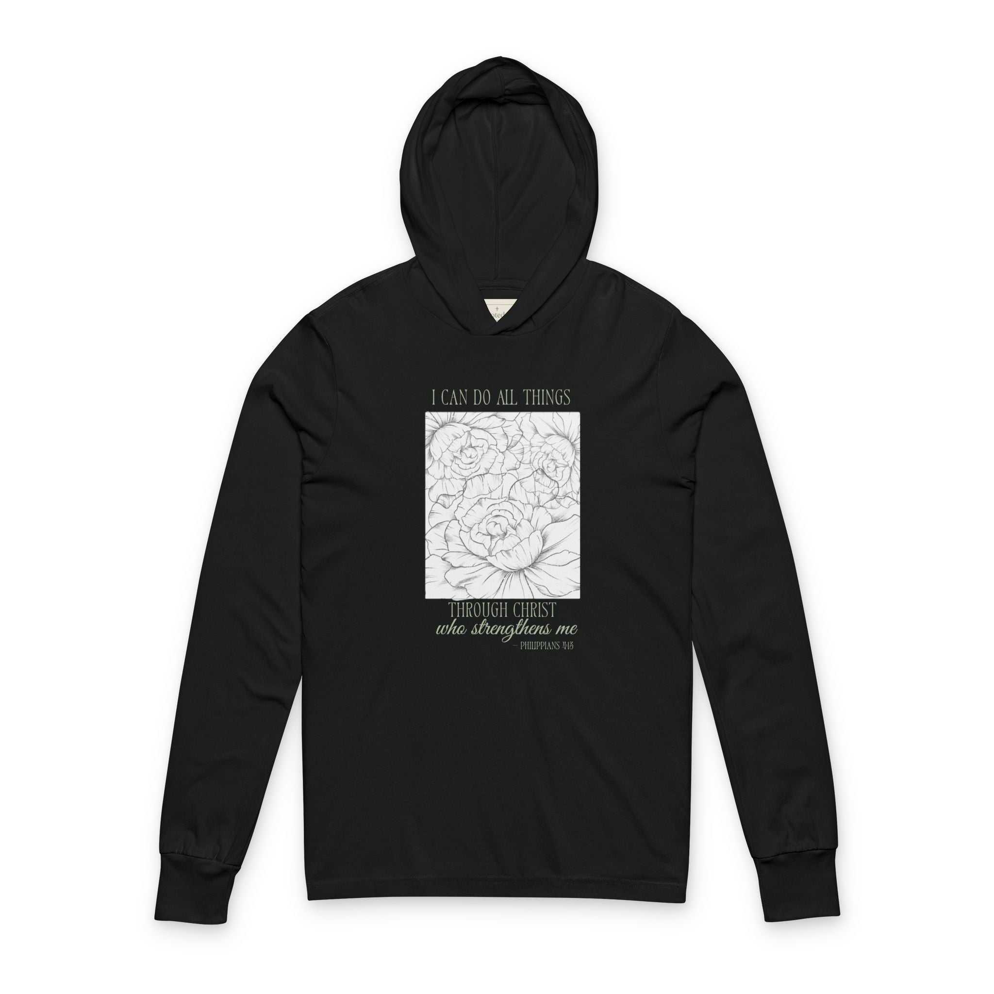 Floral Peony Hooded Long Sleeve Tee — Soft Line Art Garden Design