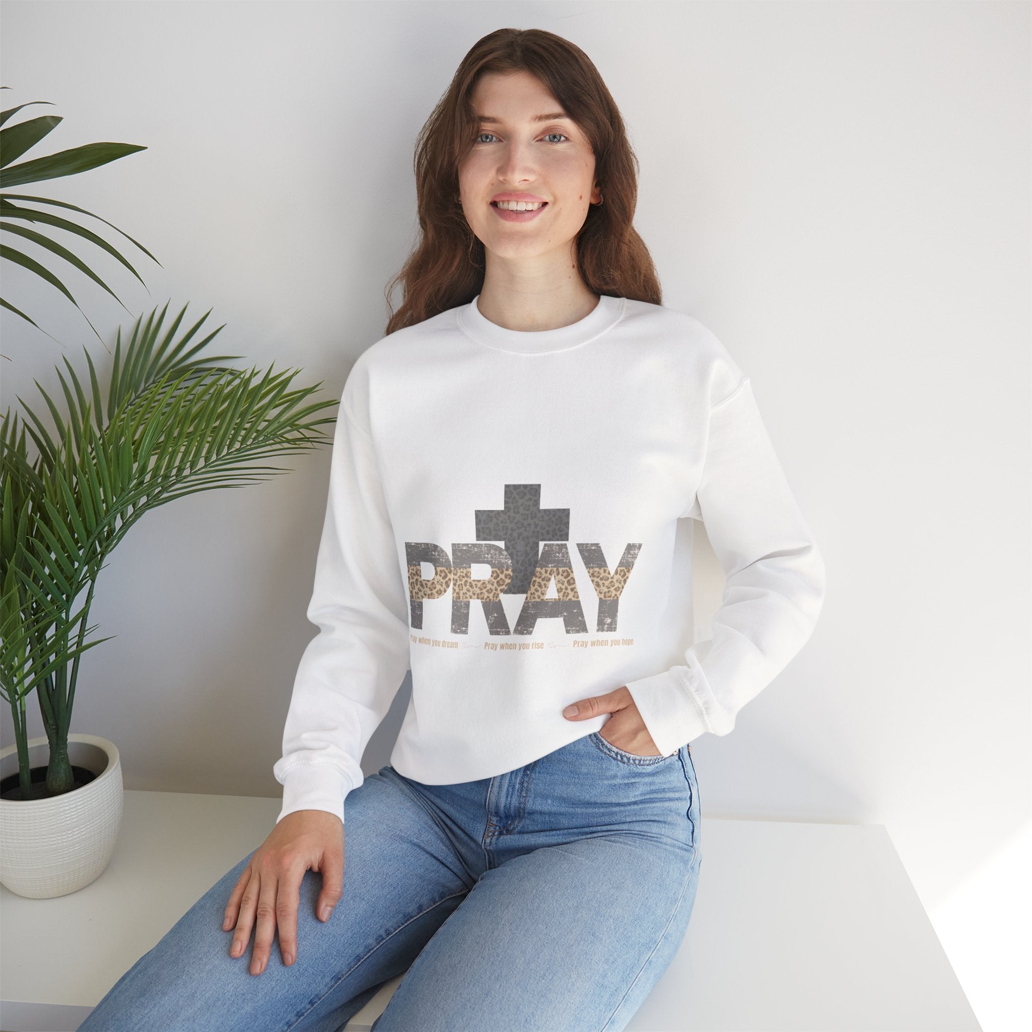 PRAY Leopard Cross Sweatshirt — Faith in Every Season