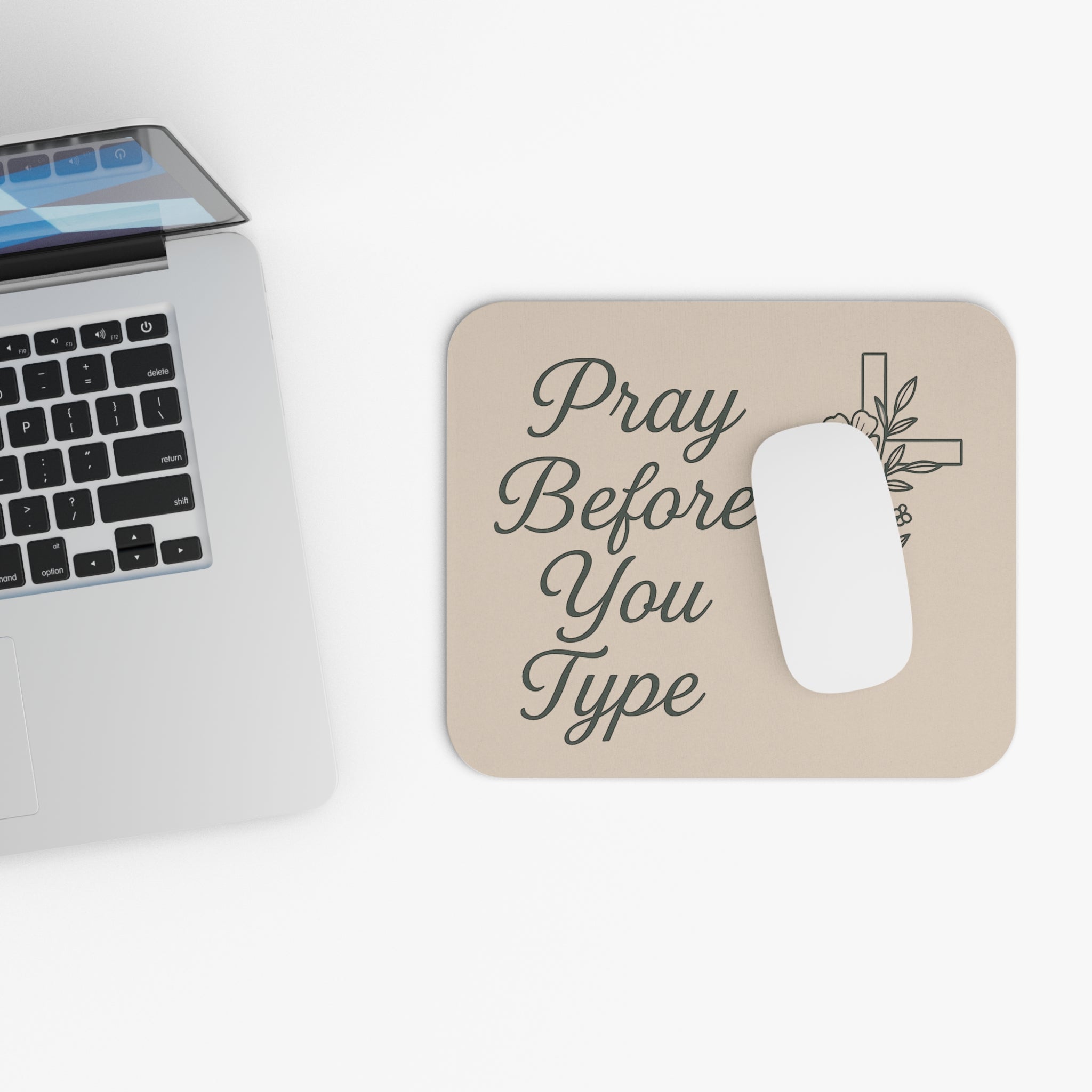 Pray Before You Type Mouse Pad — Christian Desk Mat with Floral Cross