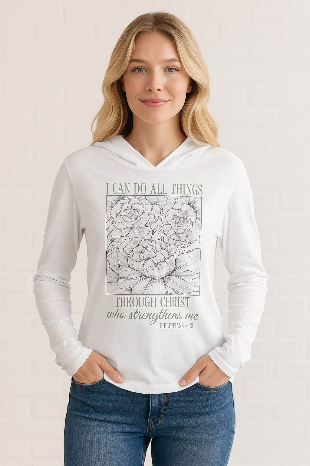 Floral Peony Hooded Long Sleeve Tee — Soft Line Art Garden Design