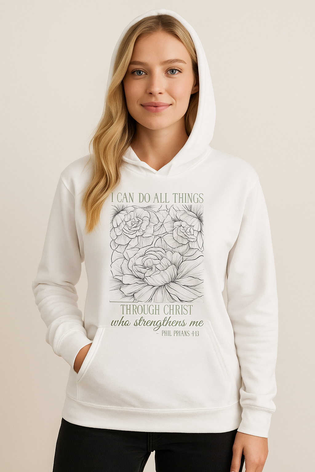 Floral Peony Hooded Long Sleeve Tee — Soft Line Art Garden Design