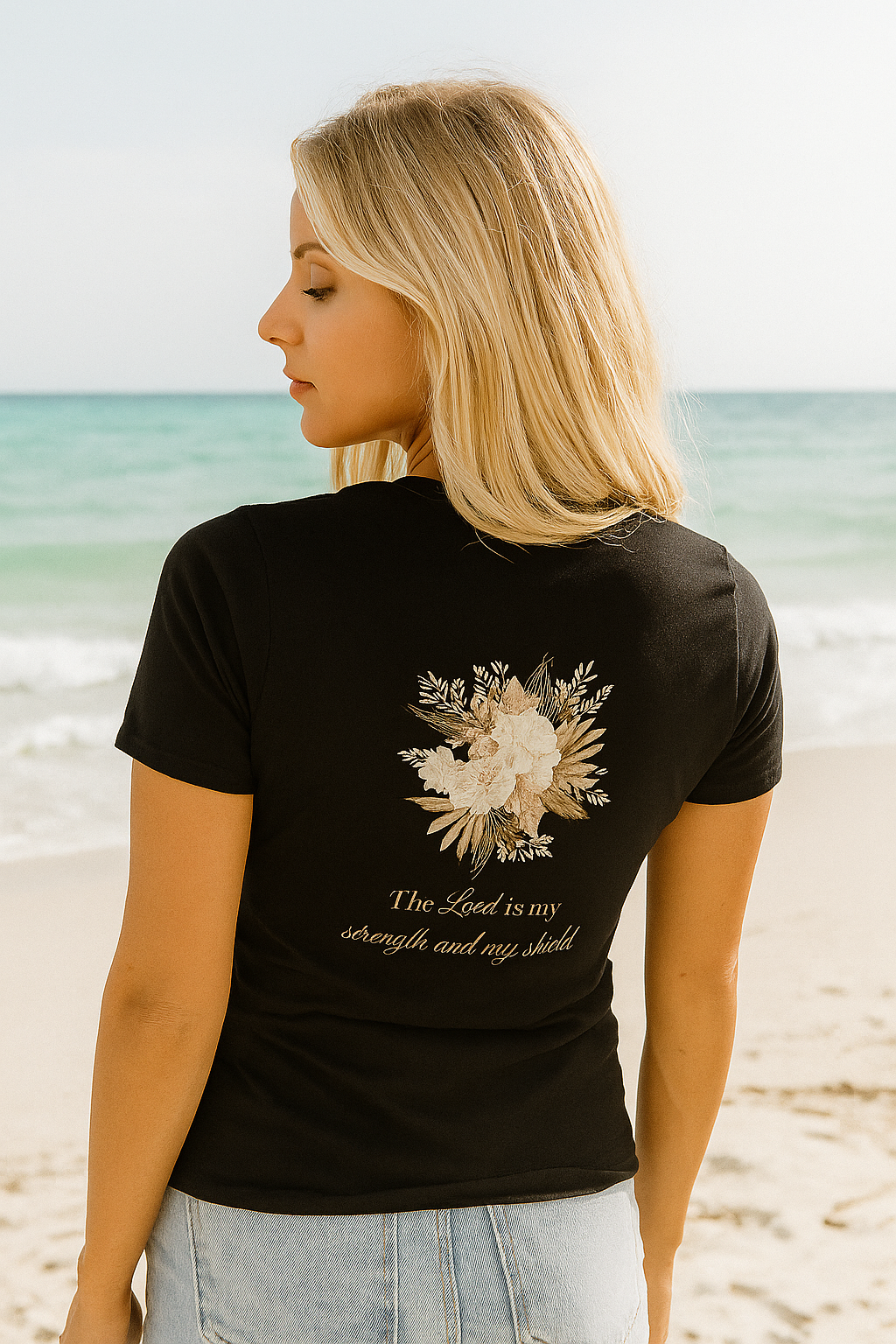 Christian Floral Tee — "The Lord is my strength and my shield" Women's Shirt