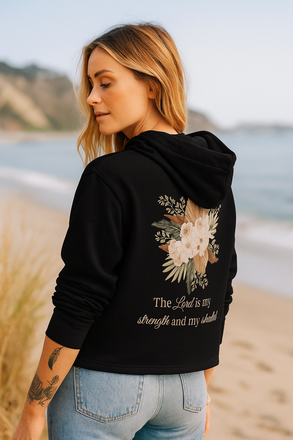 Hooded Long Sleeve Tee — Floral 'The Lord is my strength and my shield' Christian Design