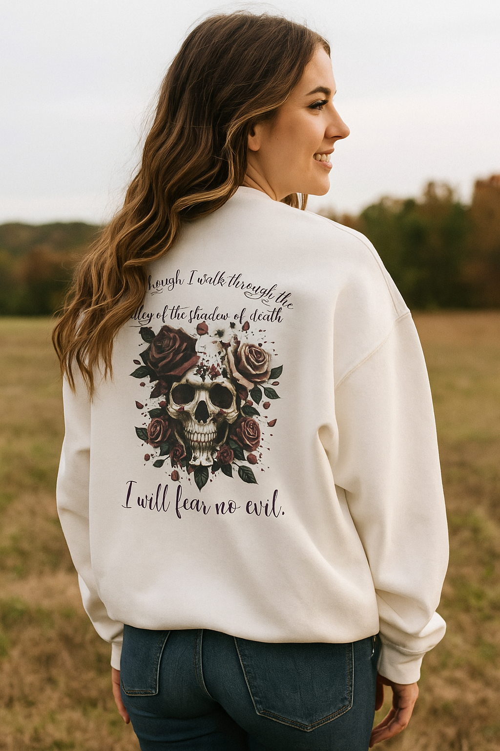 Skull & Roses Crewneck Sweatshirt – "I Will Fear No Evil" Gothic Graphic