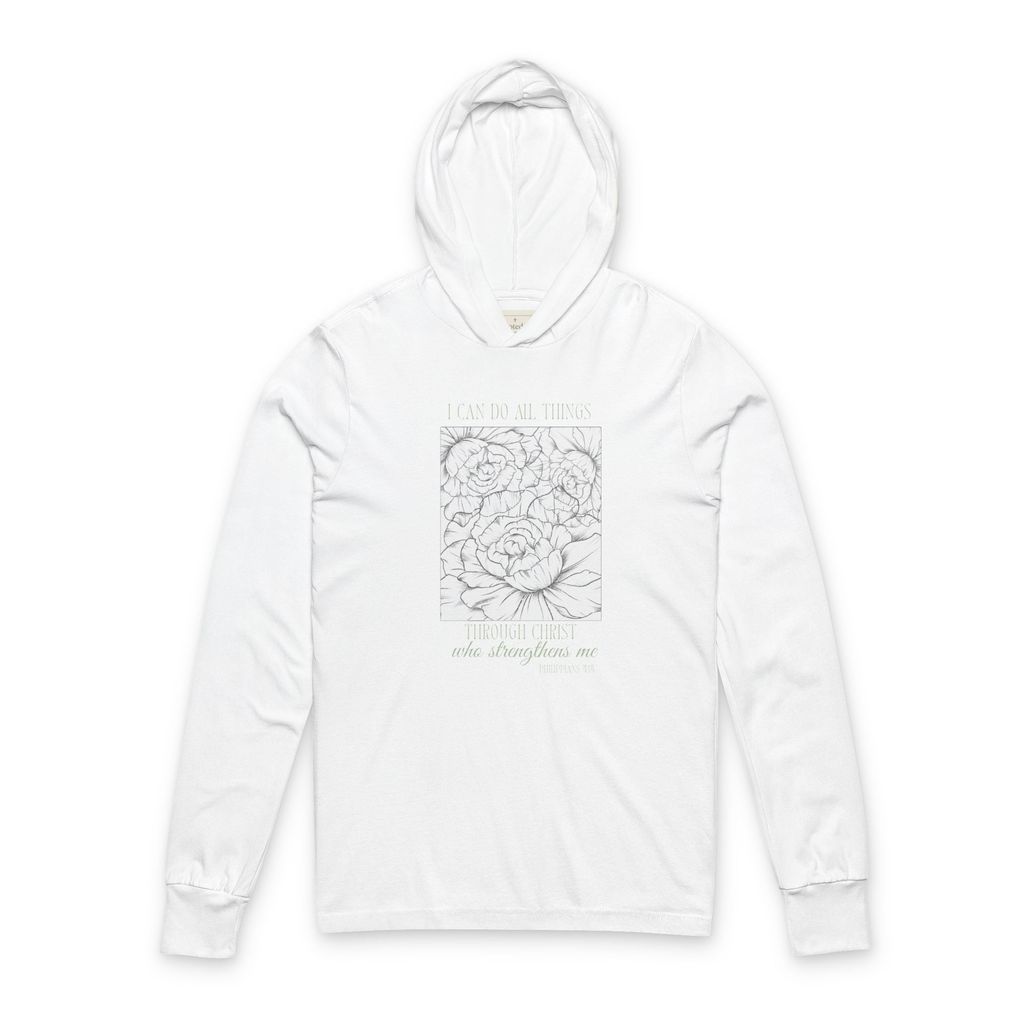 Floral Peony Hooded Long Sleeve Tee — Soft Line Art Garden Design