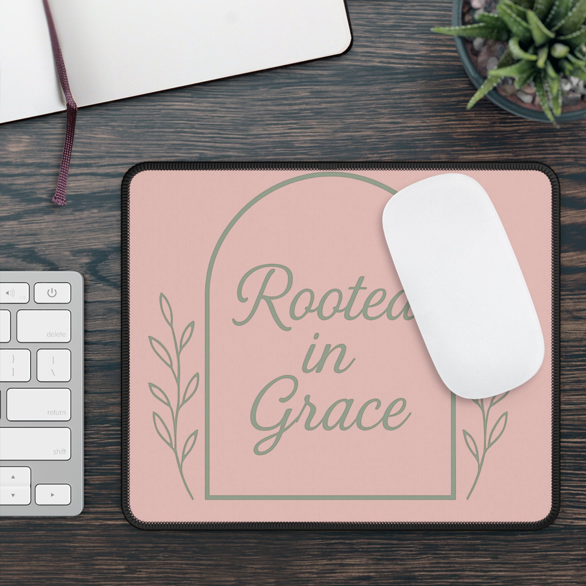 Rooted in Grace Pink Mouse Pad — Inspirational Desk / Gaming Mat