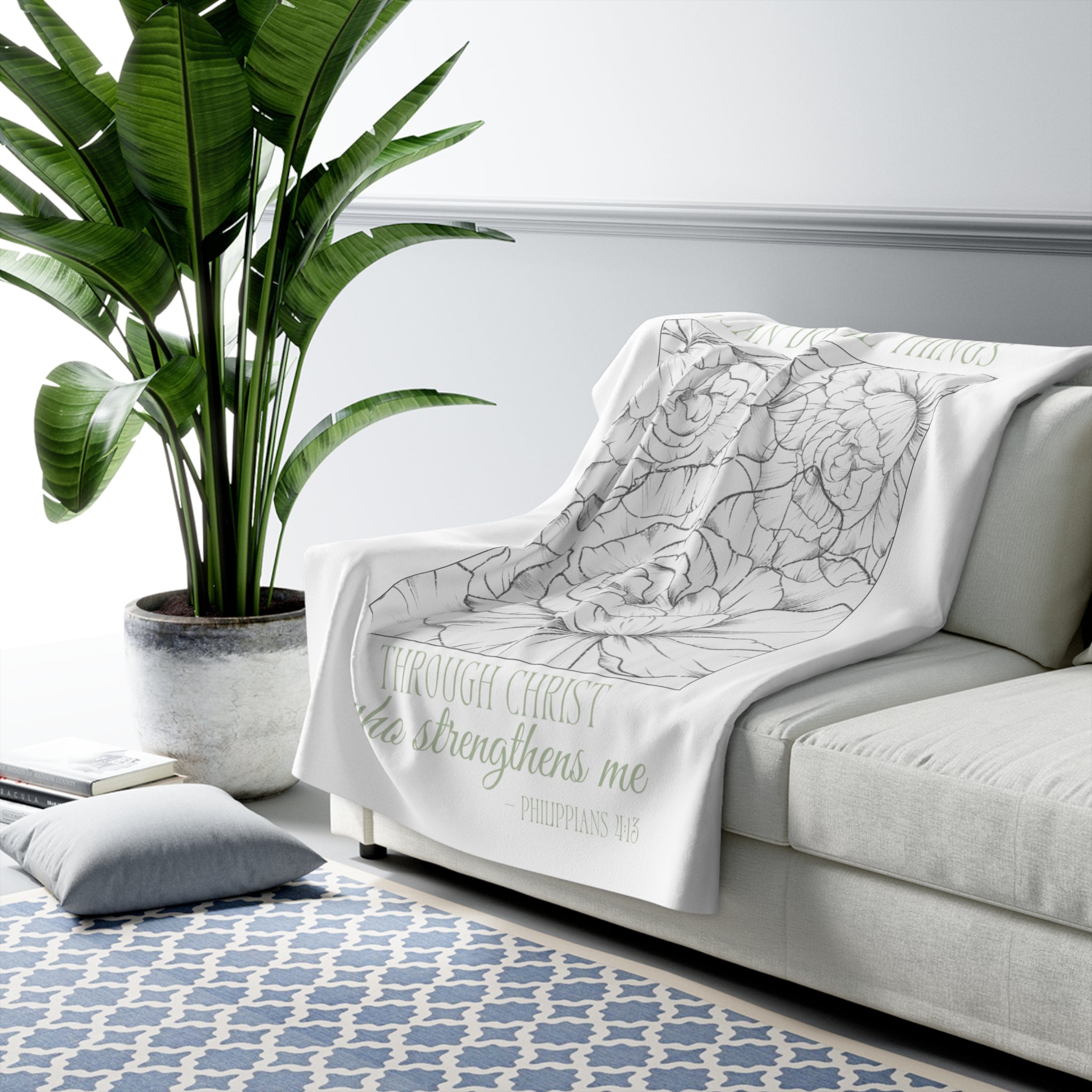 Inspirational Scripture Sherpa Blanket – "I Can Do All Things Through Christ" Floral Throw