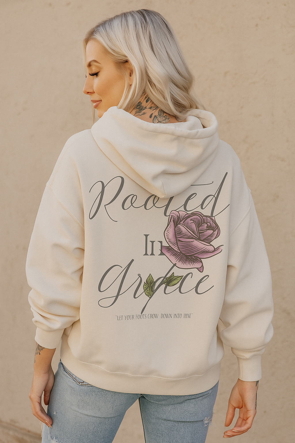 Rooted in Grace Distressed Hoodie – “Let Your Roots Grow Down Into Him