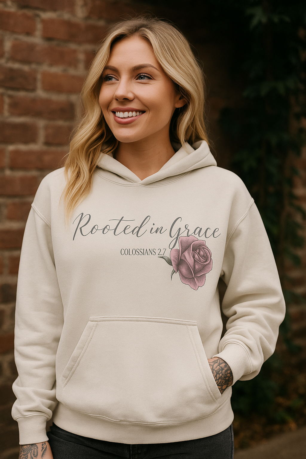 Rooted in Grace Distressed Hoodie – “Let Your Roots Grow Down Into Him