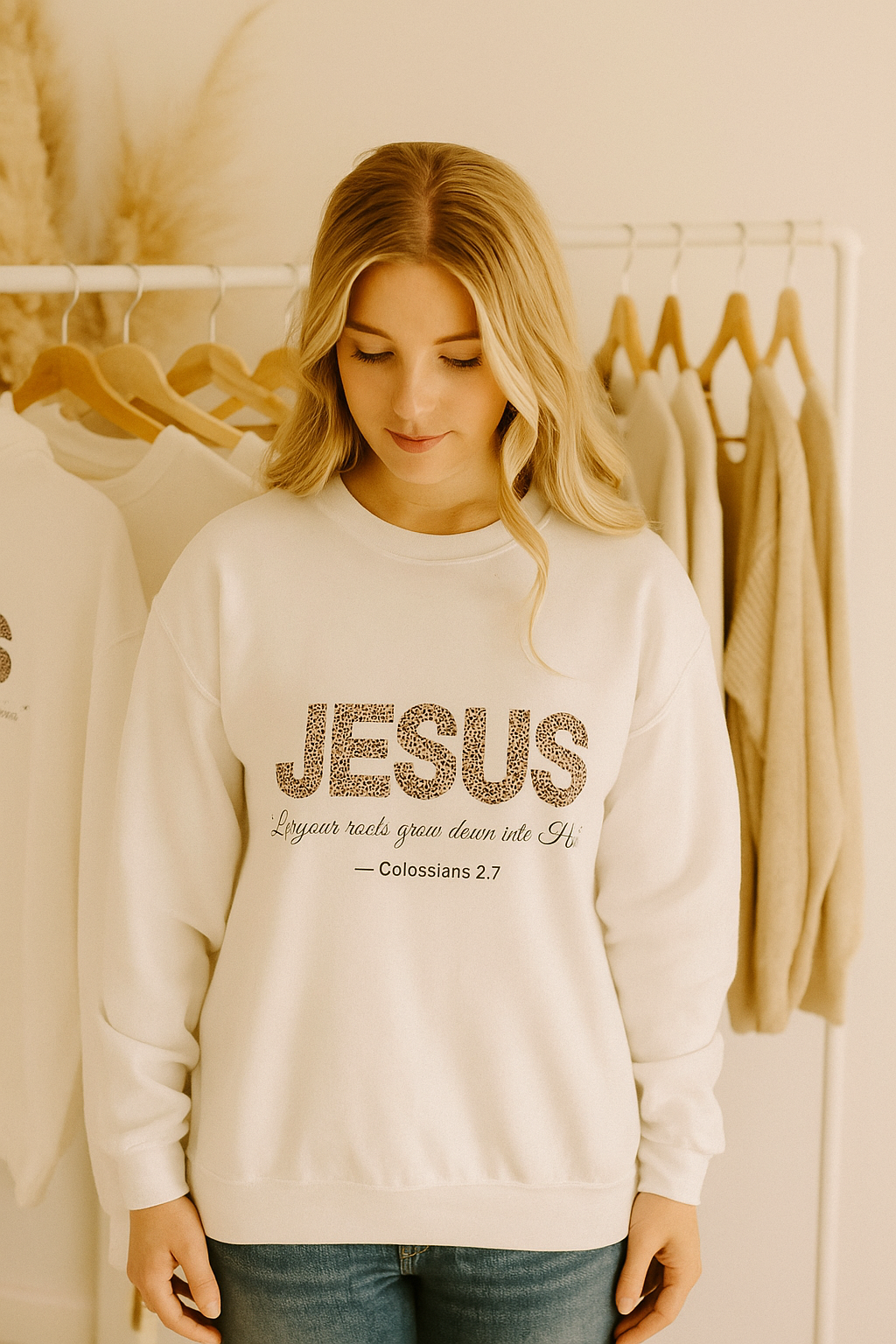 JESUS Crewneck Sweatshirt – “Let Your Roots Grow Down into Him” (Colossians 2:7)