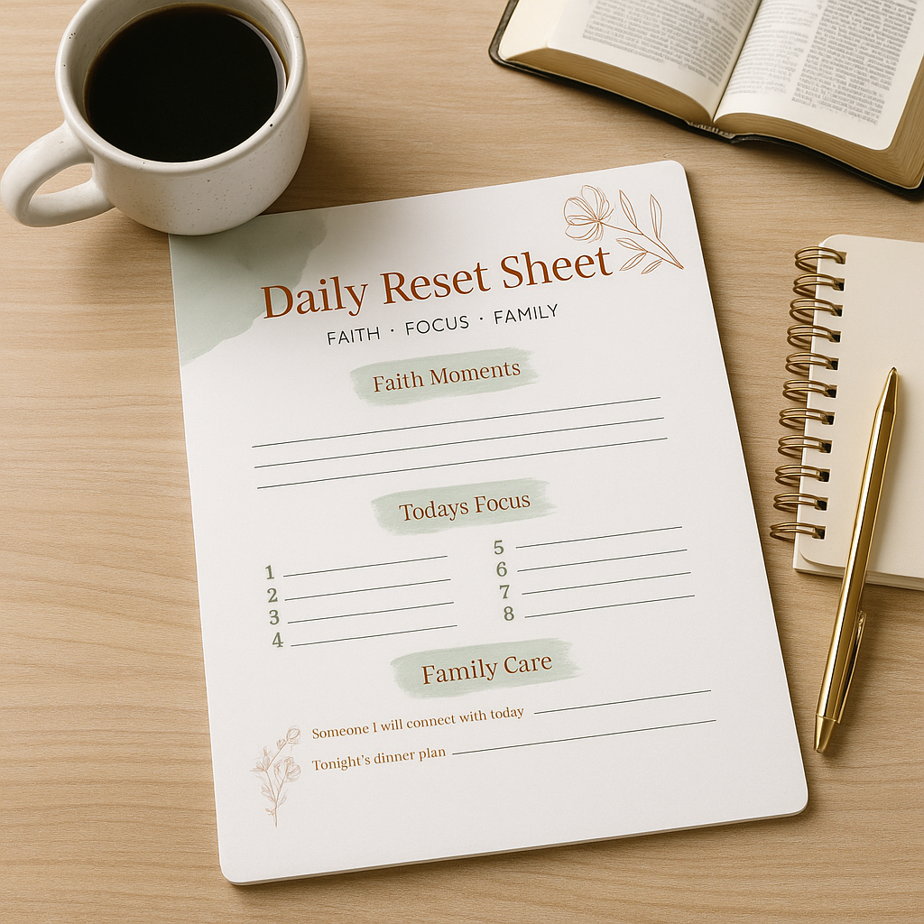 Daily Reset Sheet ☀️ | Faith • Focus • Family Planner Page