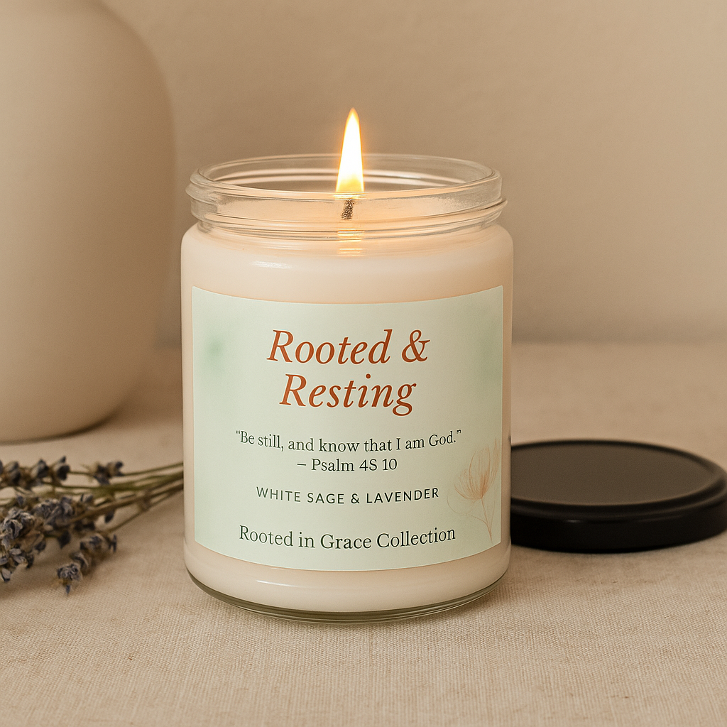 Rooted & Resting — White Sage & Lavender Scented Soy Candle | Rooted in Grace Collection