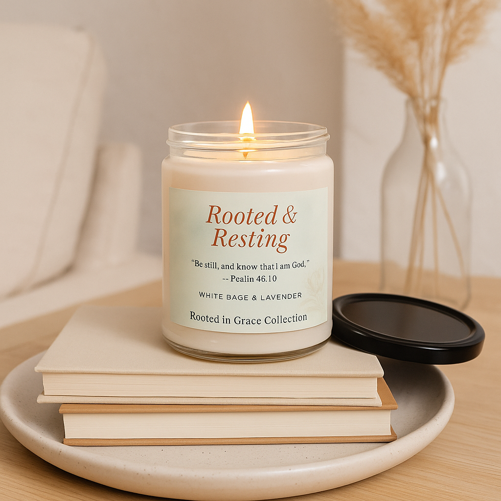 Rooted & Resting — White Sage & Lavender Scented Soy Candle | Rooted in Grace Collection