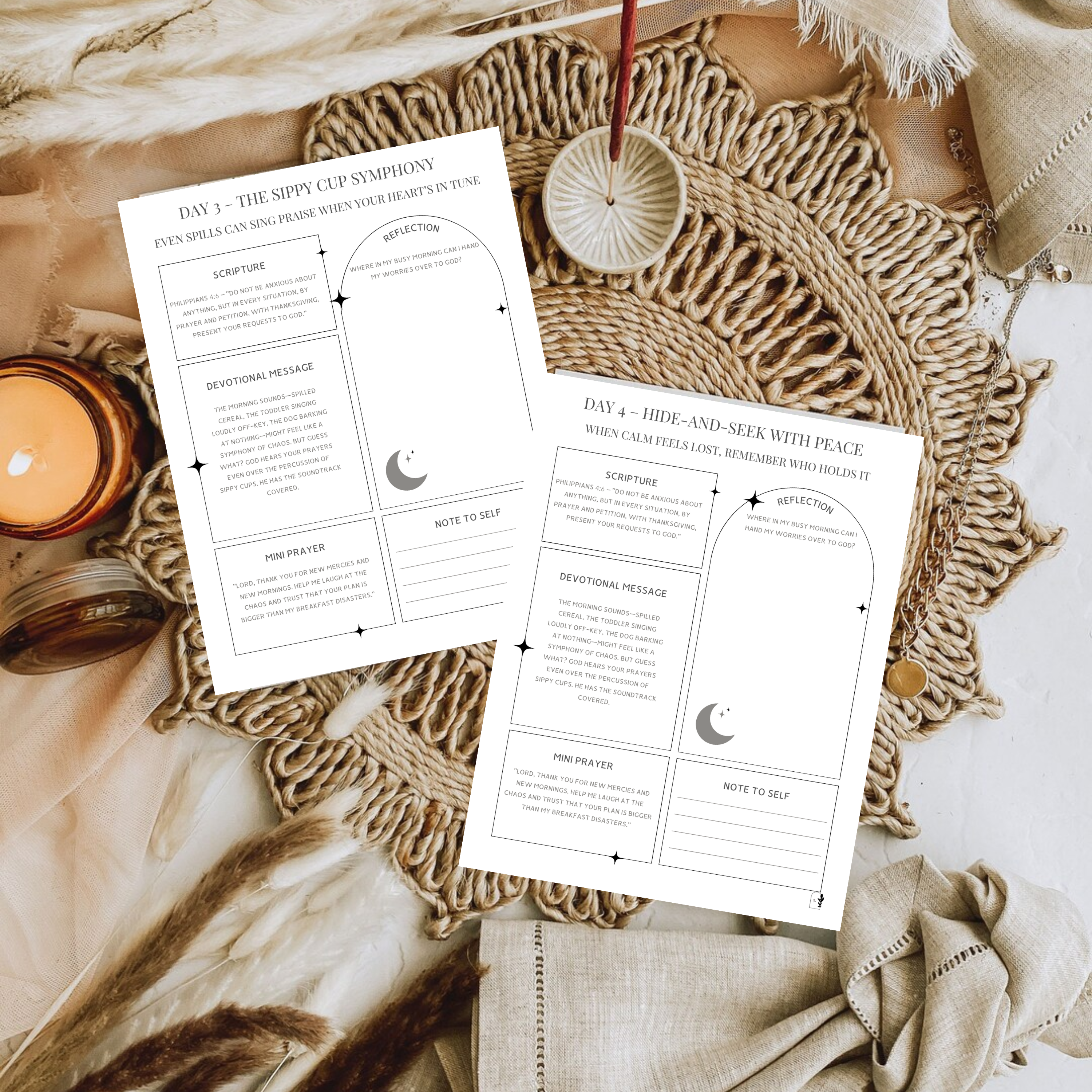 Two-page spread of Daily Devotions for Busy Moms devotional journal with candle and boho decor scene